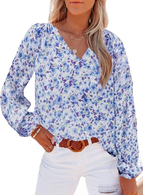 Women's Casual Boho Floral Print V Neck Long Sleeve T Shirt Blouses