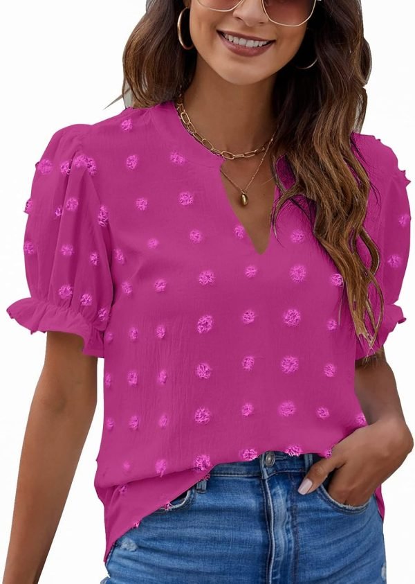 71KELkSDpbL._AC_SL1500 Womens Puff Sleeve Summer Tops Chiffon Short Sleeve Blouses White V Neck Pom Pom Shirts