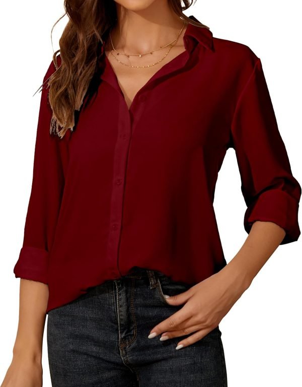 71KHWh0k2IL._AC_SL1500 Womens Button Down Shirt Long Sleeve Classic Collared Tops Work Office Casual Chiffon Blouse