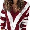 Womens 2024 Deep V Neck Sweaters Striped Long Sleeve Knit Pullover Sweaters for Women