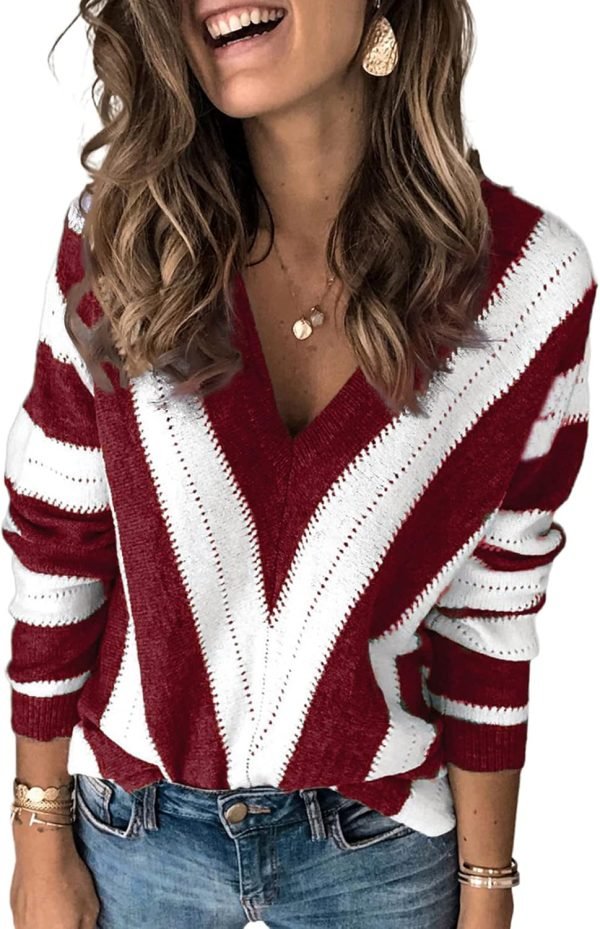 71KSDBV-BKS._AC_SL1500 Womens 2024 Deep V Neck Sweaters Striped Long Sleeve Knit Pullover Sweaters for Women