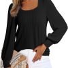 Women's Square Neck Long Sleeve Casual Loose Ribbed Knit Soft Blouses Tops