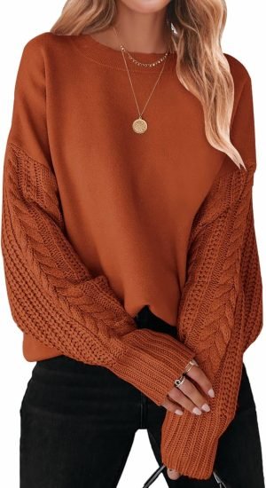 Women's 2024 Fall Long Sleeve Crew Neck Solid Color Cable Knit Chunky Casual Oversized Pullover Sweater Tops