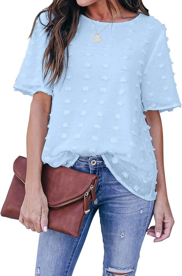 71L8w-3_4PS._AC_SL1500 Womens Chiffon Blouse Summer Casual Round Neck Short Sleeve Pom Pom Shirts Top
