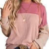 Womens Fashion 2024 Color Block Long Sleeve Crewneck Knitted Casual Loose Pullover Shirts Tops