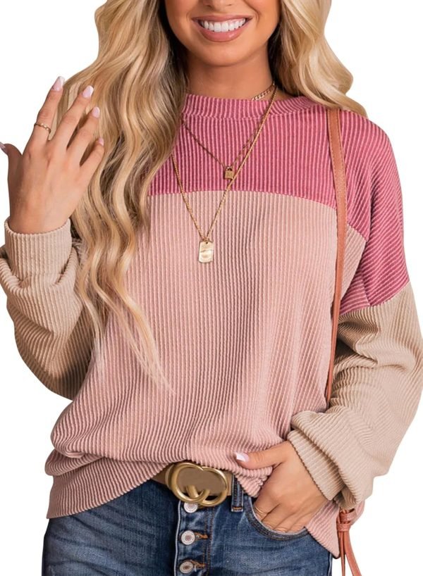 71LGxuR8LKL._AC_SL1500 Womens Fashion 2024 Color Block Long Sleeve Crewneck Knitted Casual Loose Pullover Shirts Tops