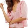 Women's Sexy Low Cut Chiffon Shirt  3/4 Sleeve V Neck Sheer Button Down Blouse Cute Ruffle Lace Trim Top