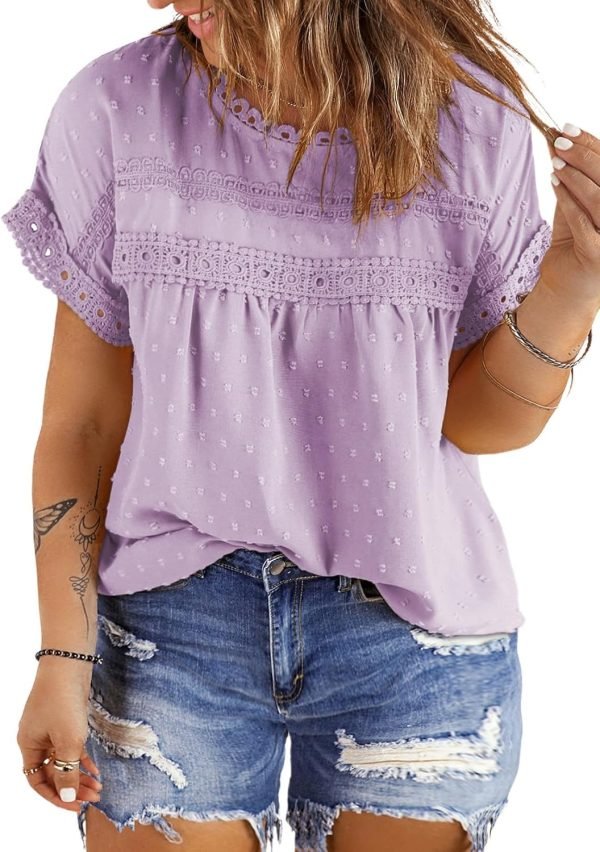 71LRxbrow0L._AC_SL1500 Women Plus Size Tops Crewneck Short Sleeve Lace Crochet Loose Casual Summer Blouses Shirts(1X-5X)