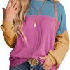 Womens Fashion 2024 Color Block Long Sleeve Crewneck Knitted Casual Loose Pullover Shirts Tops