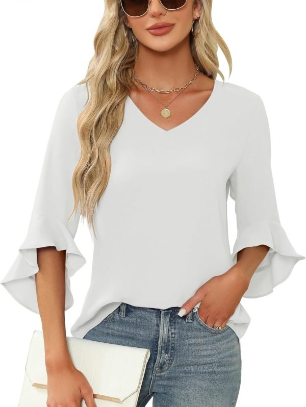 Chiffon Blouses for Women Ruffle 3/4 Sleeve Dressy V Neck Casual Flowy Tunic Tops