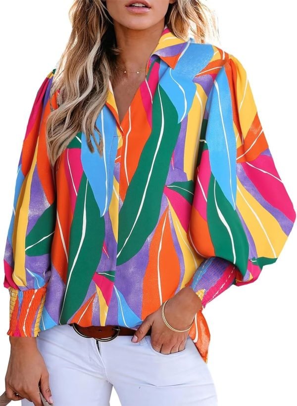 Women 2024 Loose V-Neck Shirts Paisley Print Lantern Sleeve Blouse Tops