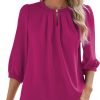 V Neck Puff 3/4 Length Sleeve Womens Tops Dressy Casual Chiffon Work Blouses Pleated T-Shirts Loose Fit S-XXL