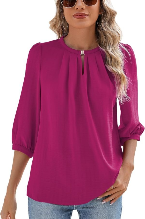 V Neck Puff 3/4 Length Sleeve Womens Tops Dressy Casual Chiffon Work Blouses Pleated T-Shirts Loose Fit S-XXL