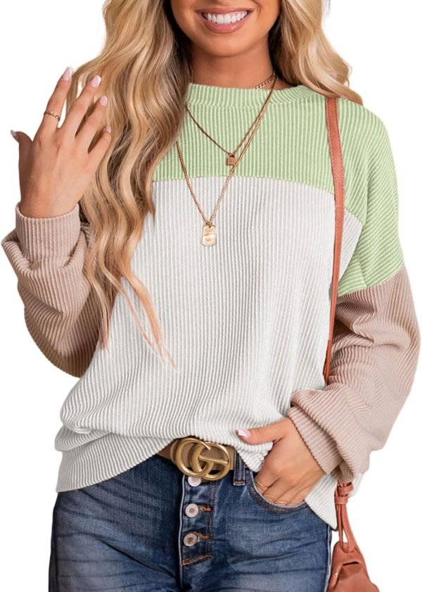 71M9emZWvSL._AC_SL1500 Womens Fashion 2024 Color Block Long Sleeve Crewneck Knitted Casual Loose Pullover Shirts Tops