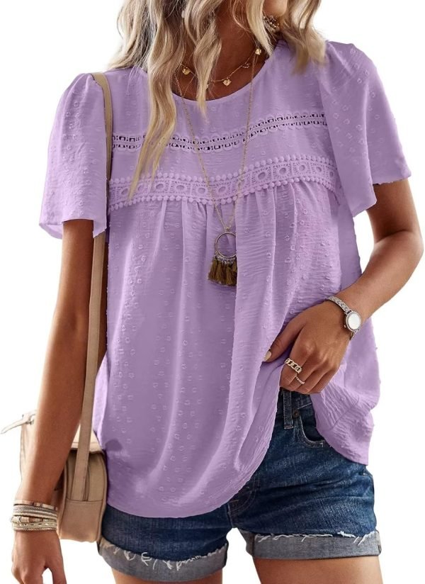 71MDOXedGbL._AC_SL1500 Womens Summer Tops Crewneck Short Sleeve Shirts Casual Chiffon Blouses Flowy Lace Hem Boho Clothing Trendy 2024