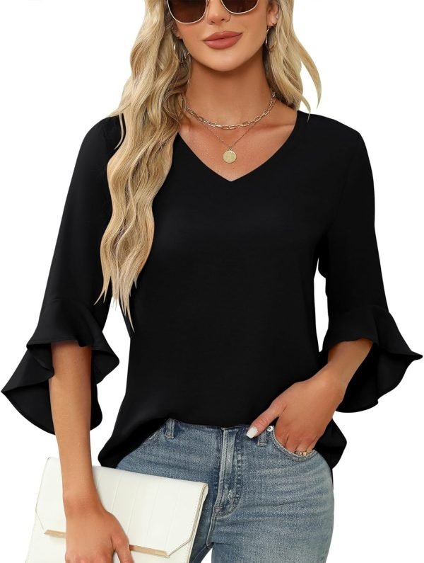 Chiffon Blouses for Women Ruffle 3/4 Sleeve Dressy V Neck Casual Flowy Tunic Tops