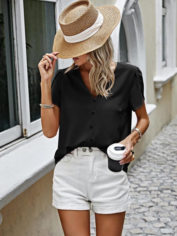 Short Sleeve Blouses for Women 2024 Summer Western Chiffon Shirts Dressy Casual Pearl Tops