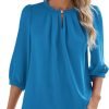 V Neck Puff 3/4 Length Sleeve Womens Tops Dressy Casual Chiffon Work Blouses Pleated T-Shirts Loose Fit S-XXL