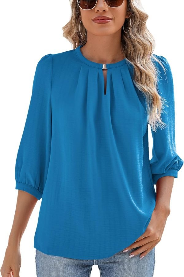 V Neck Puff 3/4 Length Sleeve Womens Tops Dressy Casual Chiffon Work Blouses Pleated T-Shirts Loose Fit S-XXL