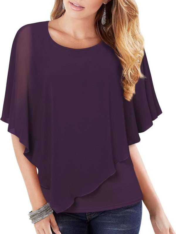 71NCMpVNXtL._AC_SL1500 Women's Lightweight Flowy Shirt Double-Layered Printed Chiffon Poncho Blouse Top