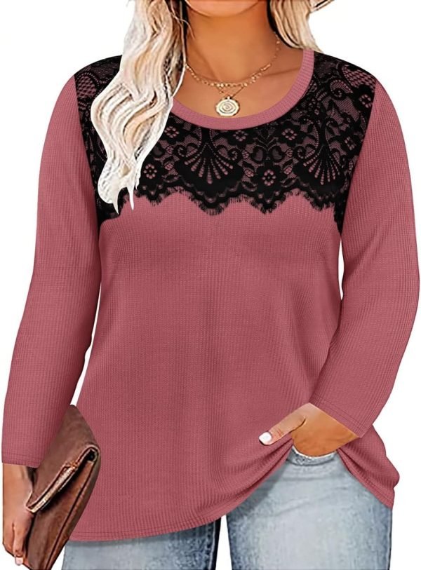 71NOZgrIUWL._AC_SL1200 Plus Size Lace Tops for Women Long Sleeve Crewneck Pullover Fall T-shirts Tunics Basic Tees T-Shirts XL-5XL