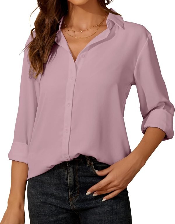 71NubdtY15L._AC_SL1500 Womens Button Down Shirt Long Sleeve Classic Collared Tops Work Office Casual Chiffon Blouse