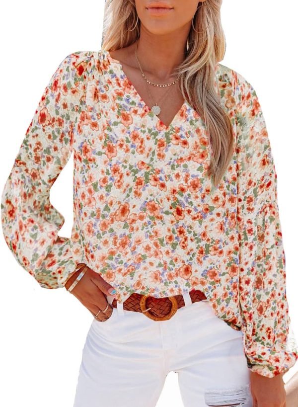 Women's Casual Boho Floral Print V Neck Long Sleeve T Shirt Blouses