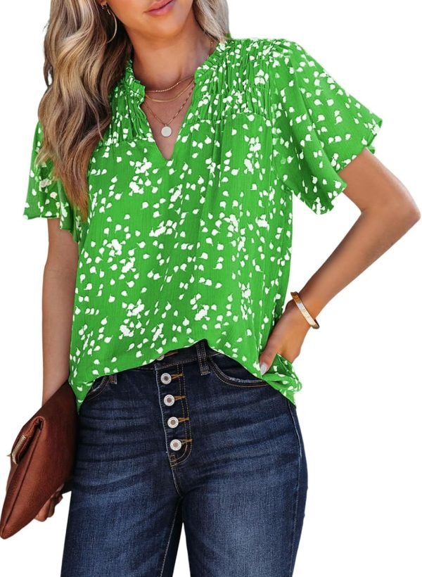 71P5xlGy0LL._AC_SL1500 Women's Casual V Neck Floral Print Smocked Short Sleeve Chiffon Blouses Bohemian Top Shirts