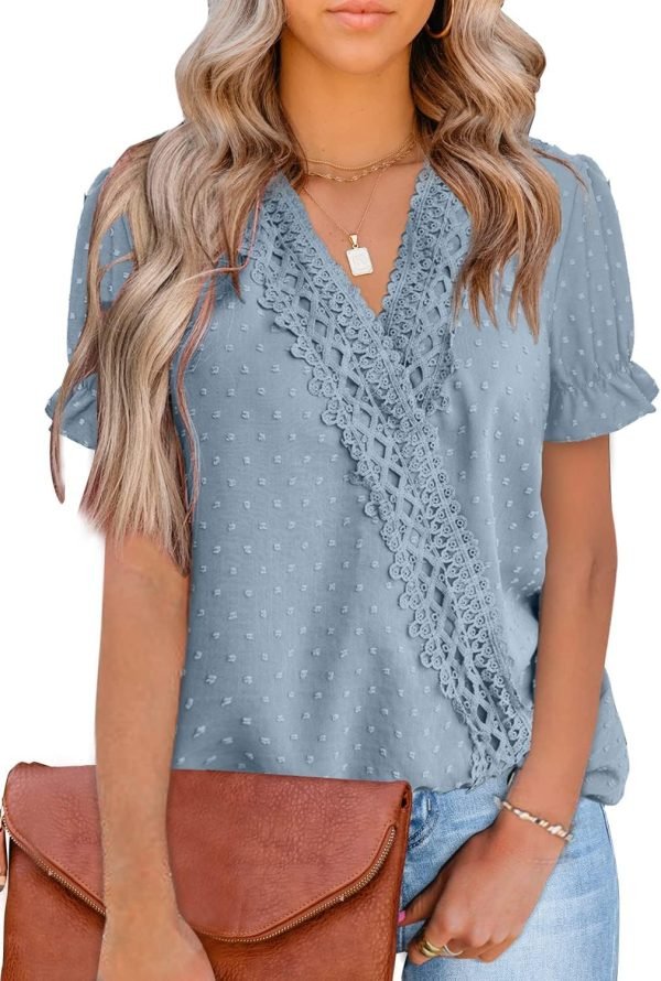 71PT-aA3y6L._AC_SL1500 Chiffon Blouse for Womens Dressy Casual Short Sleeve Shirt V Neck Swiss Dot Top