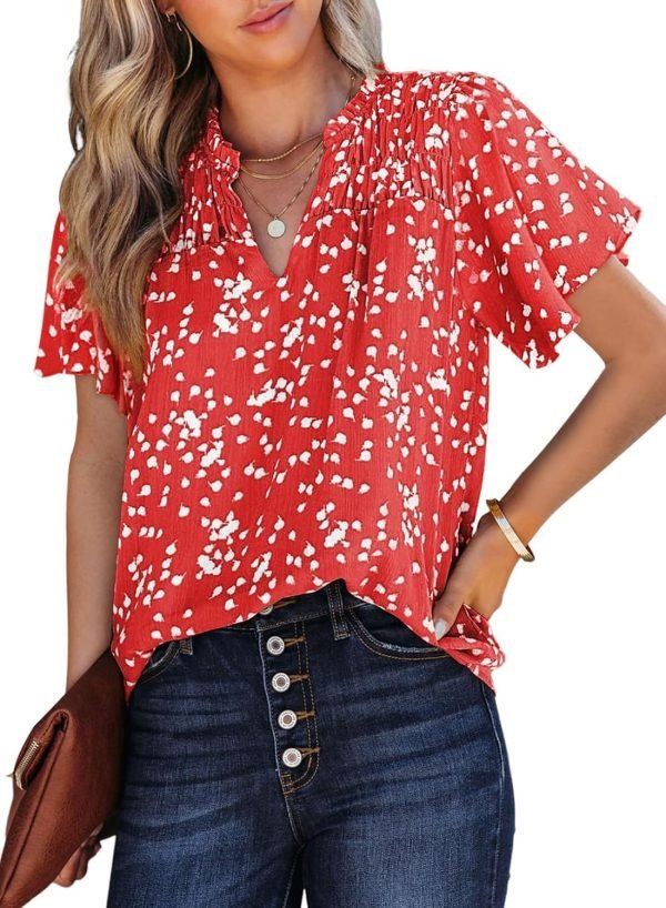 71PwLUhWUKL._AC_SL1500 Women's Casual V Neck Floral Print Smocked Short Sleeve Chiffon Blouses Bohemian Top Shirts