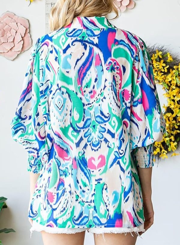 Women 2024 Loose V-Neck Shirts Paisley Print Lantern Sleeve Blouse Tops