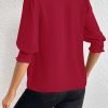 Women's Summer Puff Sleeve Top V Neck Ruffle Button Shirt Pleated Dressy Casual Chiffon Blouses