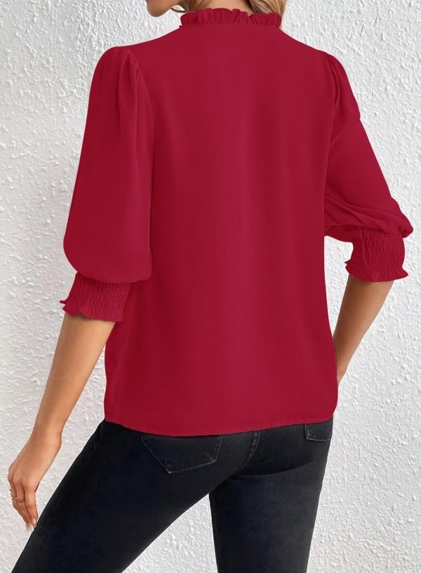 71QSN-qgFjL._AC_SL1500 Women's Summer Puff Sleeve Top V Neck Ruffle Button Shirt Pleated Dressy Casual Chiffon Blouses