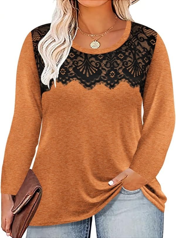 71QVbSXta2L._AC_SL1200 Plus Size Lace Tops for Women Long Sleeve Crewneck Pullover Fall T-shirts Tunics Basic Tees T-Shirts XL-5XL