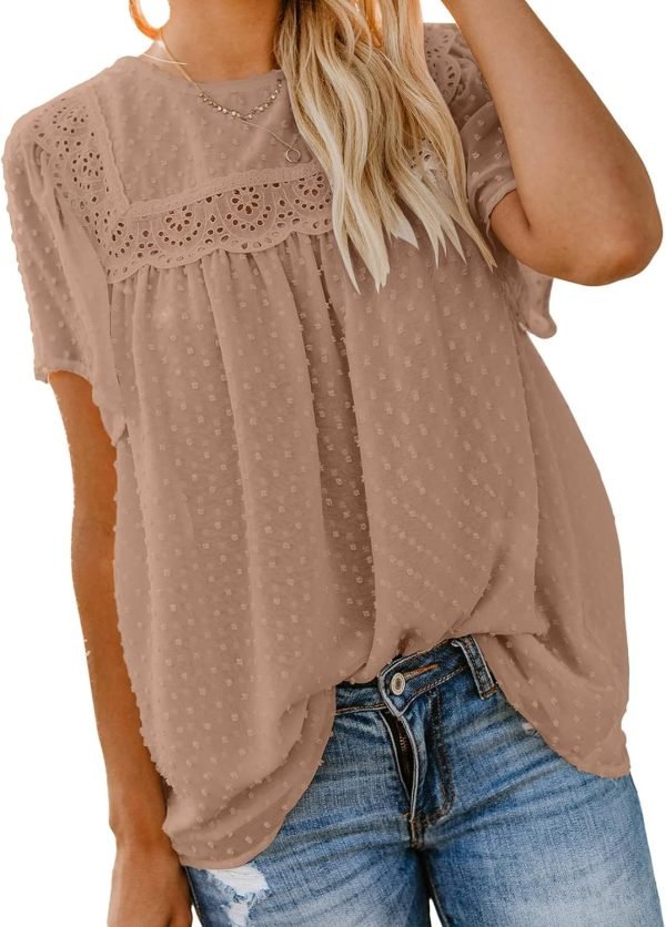 71QYccD4lqL._AC_SL1500 Womens Crewneck Lace Crochet Pom Pom Flowy Short Sleeve Casual Shirts Blouses Tops