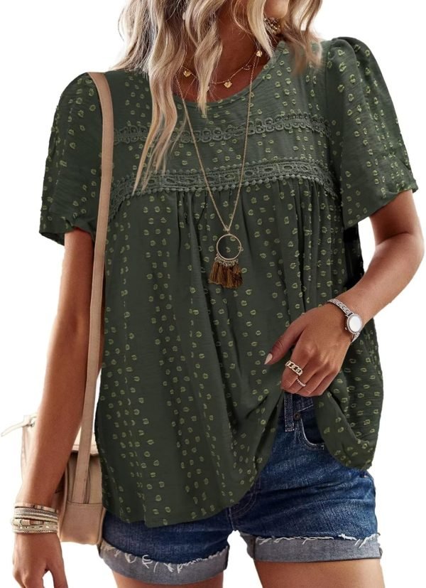 71R92IE03BL._AC_SL1500 Womens Summer Tops Crewneck Short Sleeve Shirts Casual Chiffon Blouses Flowy Lace Hem Boho Clothing Trendy 2024