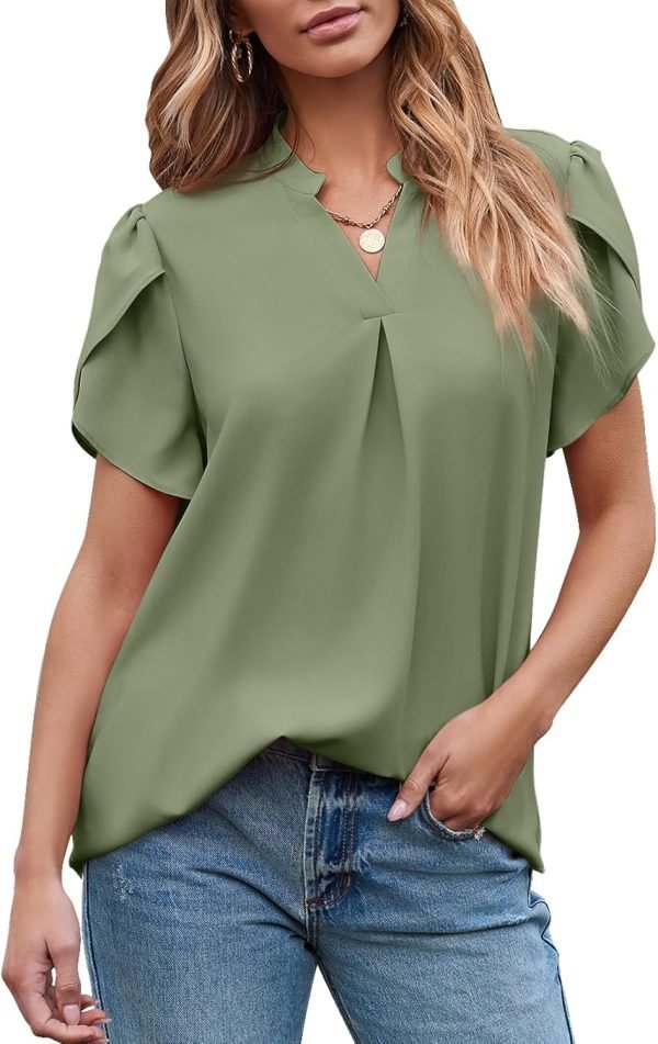 71RD6fVzOtL._AC_SL1500 Women's Dressy Casual Business Work Chiffon Blouses Tops Summer V Neck Cute Loose Petal Short Sleeve T-Shirts