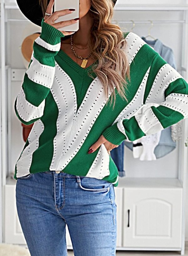 71RE6BGFBBL._AC_SL1500 Womens 2024 Deep V Neck Sweaters Striped Long Sleeve Knit Pullover Sweaters for Women