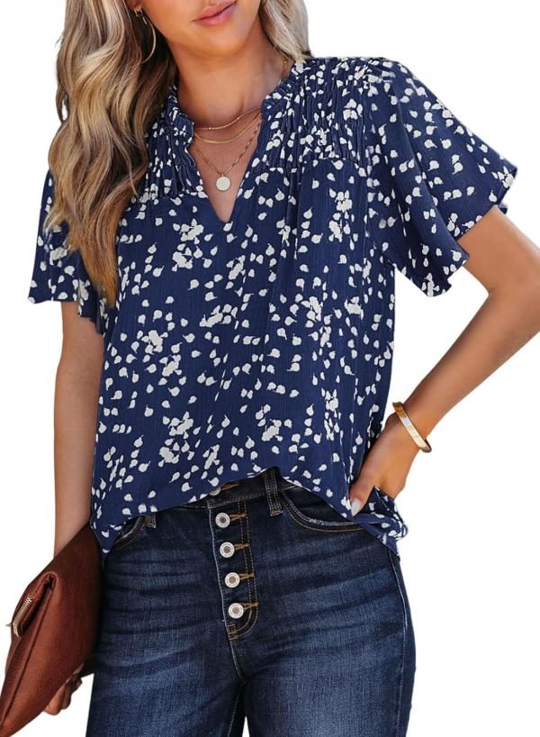 71RTX3fMgqL._AC_SL1500 Women's Casual V Neck Floral Print Smocked Short Sleeve Chiffon Blouses Bohemian Top Shirts