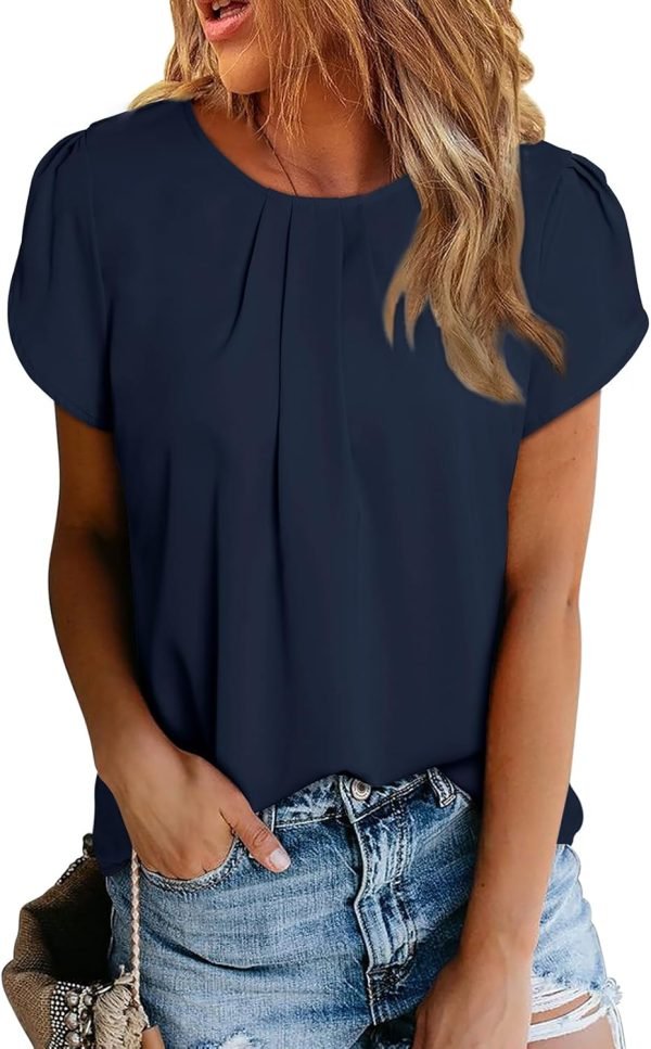 71RUE6BdwqL._AC_SL1500 Women's Casual Round Neck Basic Pleated Tops Short Sleeve Loose Fit Curved Keyhole Back Chiffon Blouses Tshirts