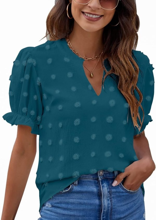 71Rl9zFXEyL._AC_SL1500 Womens Puff Sleeve Summer Tops Chiffon Short Sleeve Blouses White V Neck Pom Pom Shirts