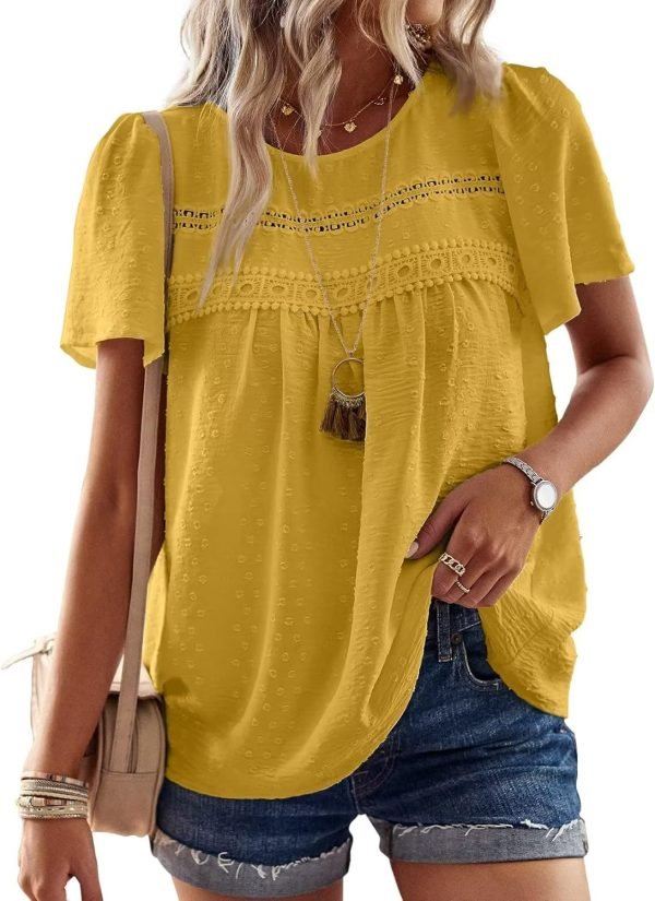 71SGCopswvL._AC_SL1500 Womens Summer Tops Crewneck Short Sleeve Shirts Casual Chiffon Blouses Flowy Lace Hem Boho Clothing Trendy 2024