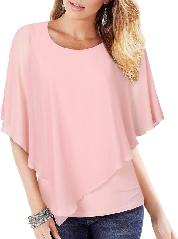 71SKwlhkfBS._AC_SL1500 Women's Lightweight Flowy Shirt Double-Layered Printed Chiffon Poncho Blouse Top
