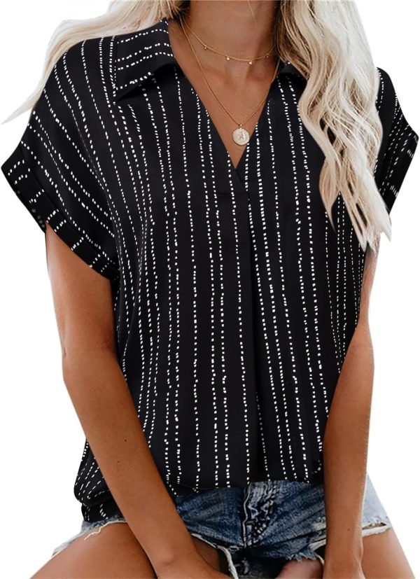 Women's Summer Work Blouse V Neck Short Sleeve Lapel Shirt Top Tunic