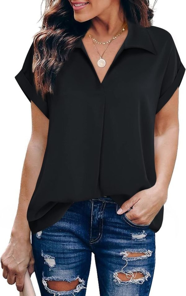 Women's Summer Work Blouse V Neck Short Sleeve Lapel Shirt Top Tunic