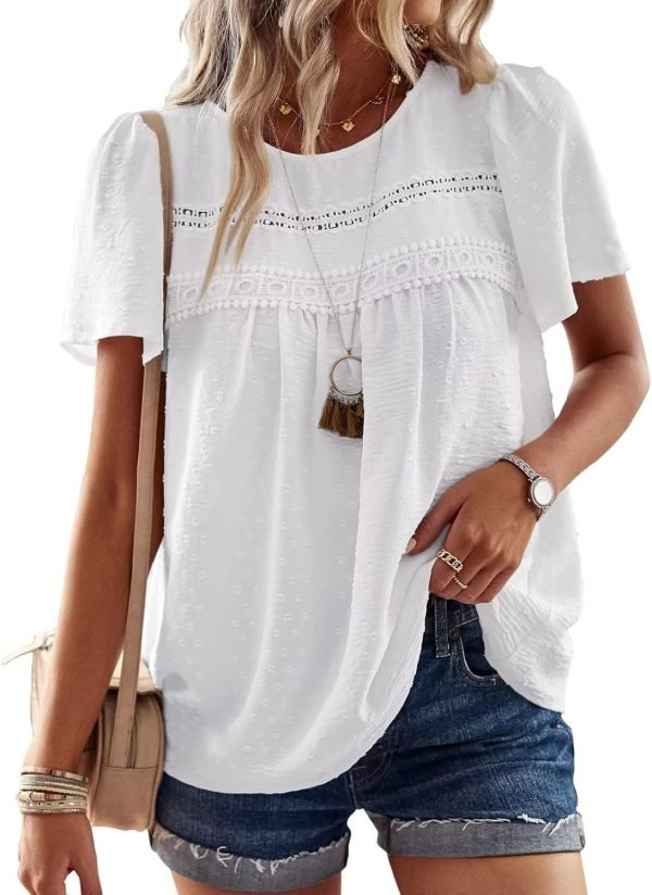 71SuZbePECL._AC_SL1500 Womens Summer Tops Crewneck Short Sleeve Shirts Casual Chiffon Blouses Flowy Lace Hem Boho Clothing Trendy 2024