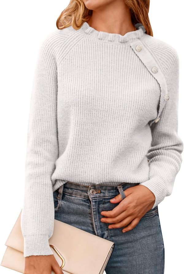 71T7cO-1m4L._AC_SL1500 Women's Sweaters Casual Long Sleeve Button Down Crew Neck Ruffle Knit Pullover Sweater Tops Solid Color Striped
