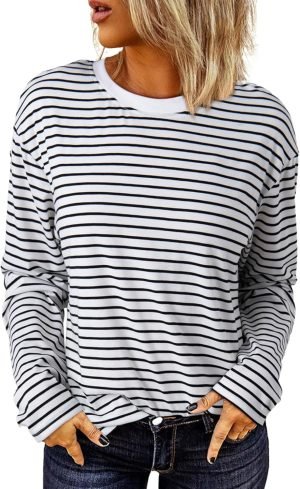 Women's Casual Striped Long Sleeve Tops Crew Neck Knit Ribbed Basic T Shirts