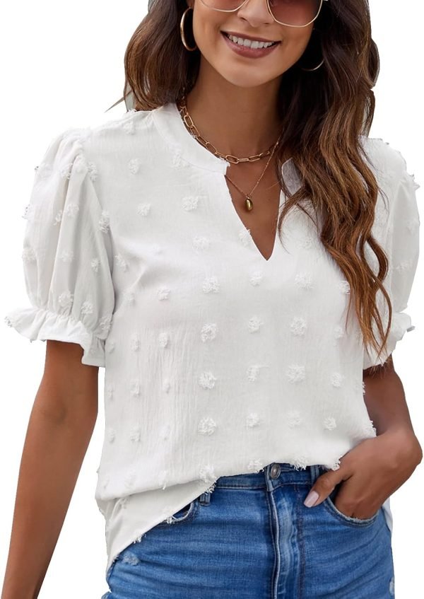 71TW9Y5ZFFL._AC_SL1500 Womens Puff Sleeve Summer Tops Chiffon Short Sleeve Blouses White V Neck Pom Pom Shirts