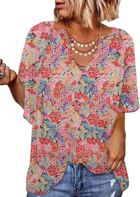 Womens Casual V Neck Loose 3/4 Bell Sleeve Chiffon Blouse Shirt Pleated Flowy Tunic Tops